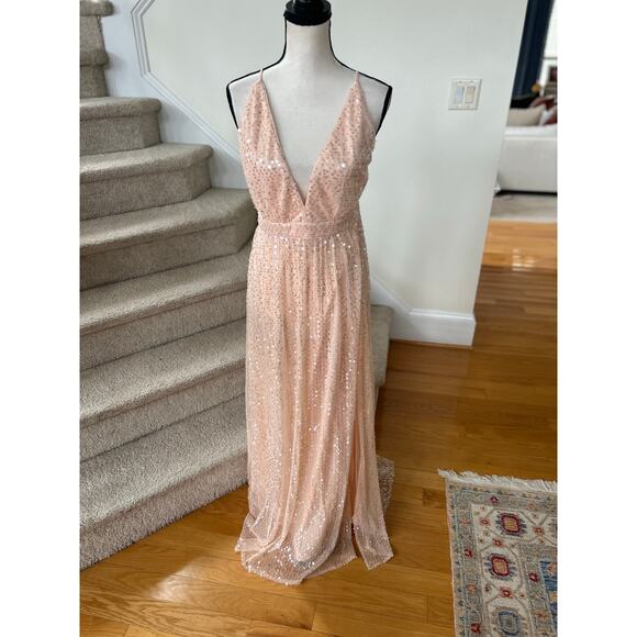 Lulus Blush Pink Sequin Plunge V-Neck Backless Maxi Thigh Slit Gown - Picture 2 of 9